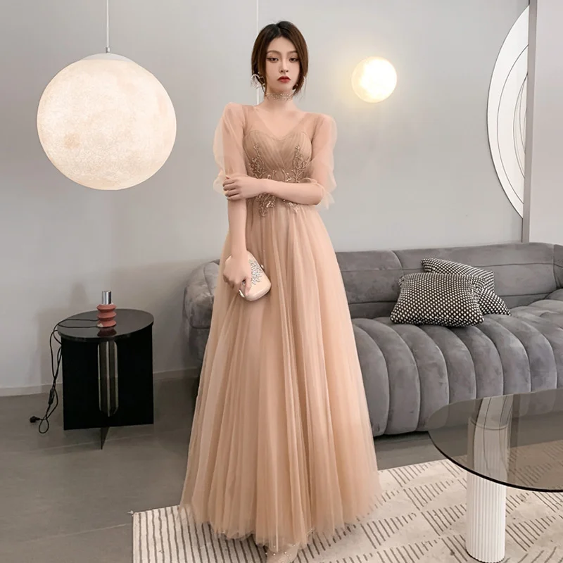 Women Long Bridesmaid Dress Lady Princess Girl Simple Embroidered Beads Tulle Prom Graduation Homecoming Wedding Party Dresses