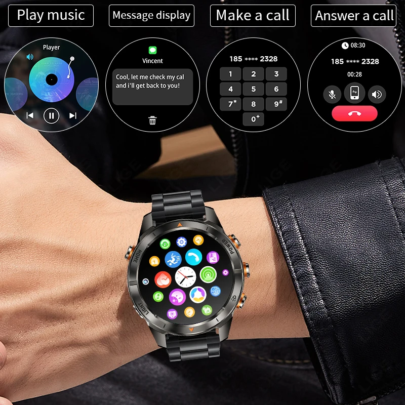 Military Smart Watch Men 3ATM Waterproof 1.46" AMOLED Screen LED Flashlight 515mAh Battery Heart Rate Sports BT Call Smartwatch