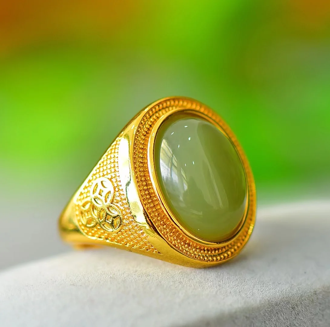 Anillo de Jade Hetian💍Anillos ajustables de piedra Natural para hombres y mujeres, joyería de piedras preciosas, amuleto Retro de lujo, joyería para damas