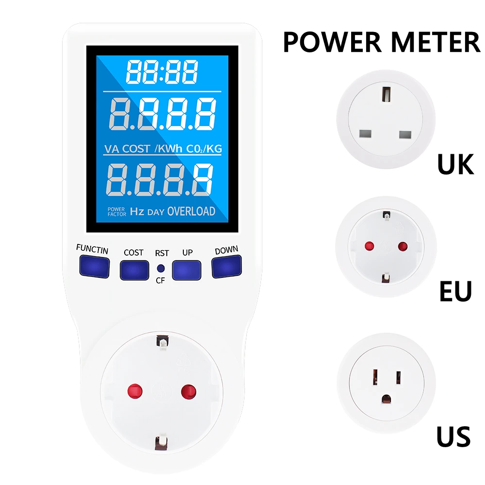 

LCD Display Power Meter 110/230V AC Electricity Consumption Monitor Wattage Kwh Energy Meter EU US UK Plug Outlet Power Analyzer