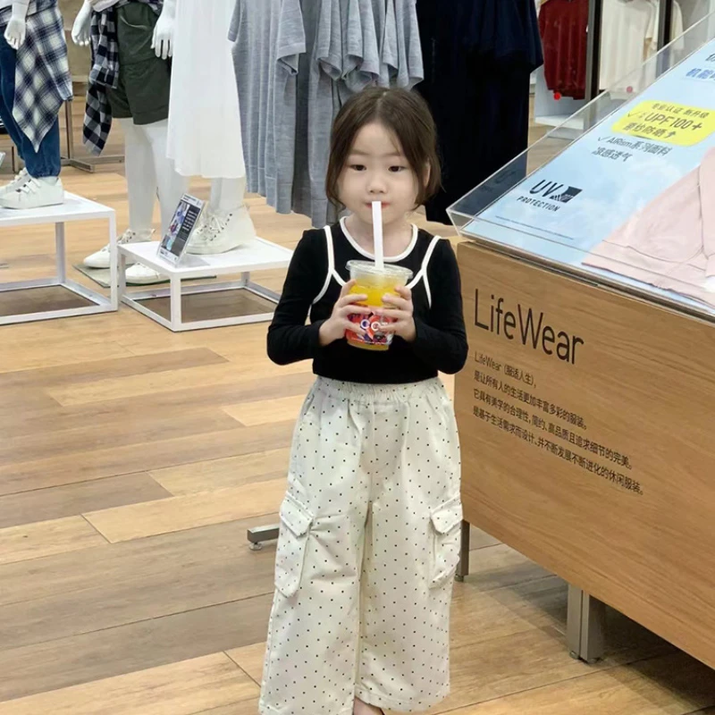 Girl 2024 Autumn New Korean Long Sleeve T-Shirt Sling Oversize Tide Leisure Polka Dot Overalls Comfortable