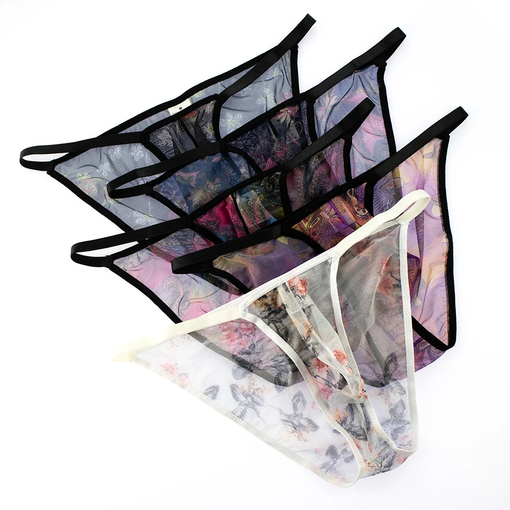 ثونغ رجالي مطبوع عليه زهور من خلال شبكة شبكية ، لباس داخلي مثير للمثليين ، سراويل داخلية كبيرة ، ملابس داخلية رفيعة للغاية ، انتفاخ ، مطبوع ، جيد التهوية
