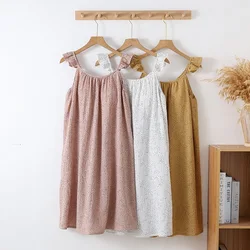 Crepe Cotton Dresses Women 100% Chest Pad Pajamas Flying Sleeve Halter Dress Sleeveless Sleepwear Nightdress Summer Nightgowns