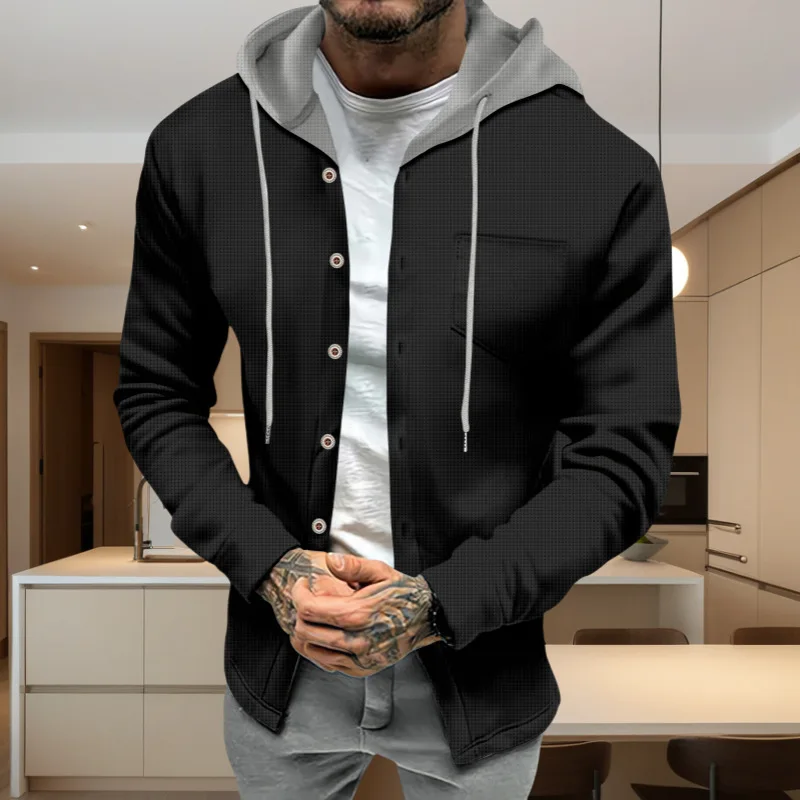 Men's Waffle Solid Color Button-Down Hooded Casual Cardigan Trendy Autumn 2025 Ins trendy Top
