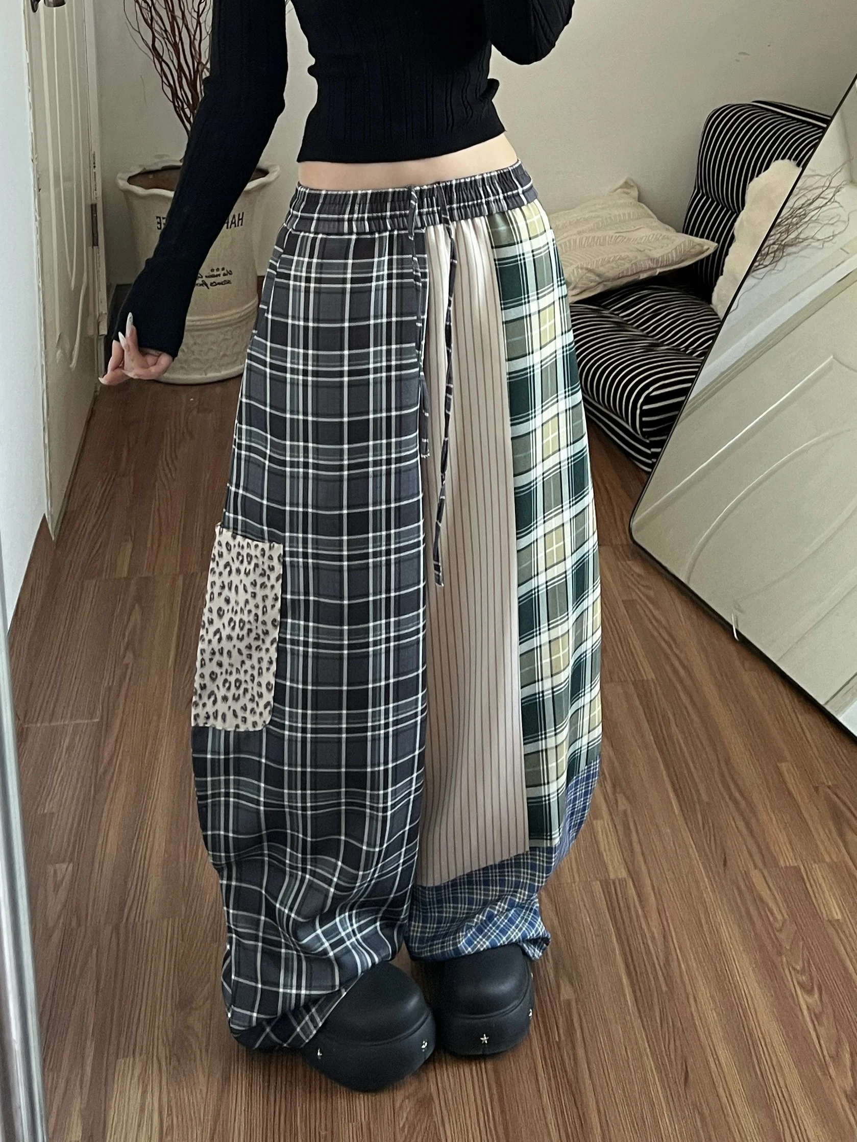 

Laid-ba Artist Lazy Sle Women's Casual Pants Vintage Plaid Design Splicing Personali Loose Straight Wide Leg Trousers