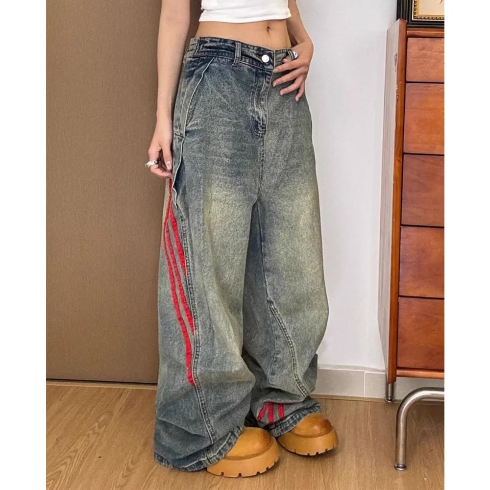 y2k Washed Denim Distressed Vintage Jeans, American Retro 2024 Autumn New Women's Casual Clothing Korean Hip-hop Wide Leg Pants
