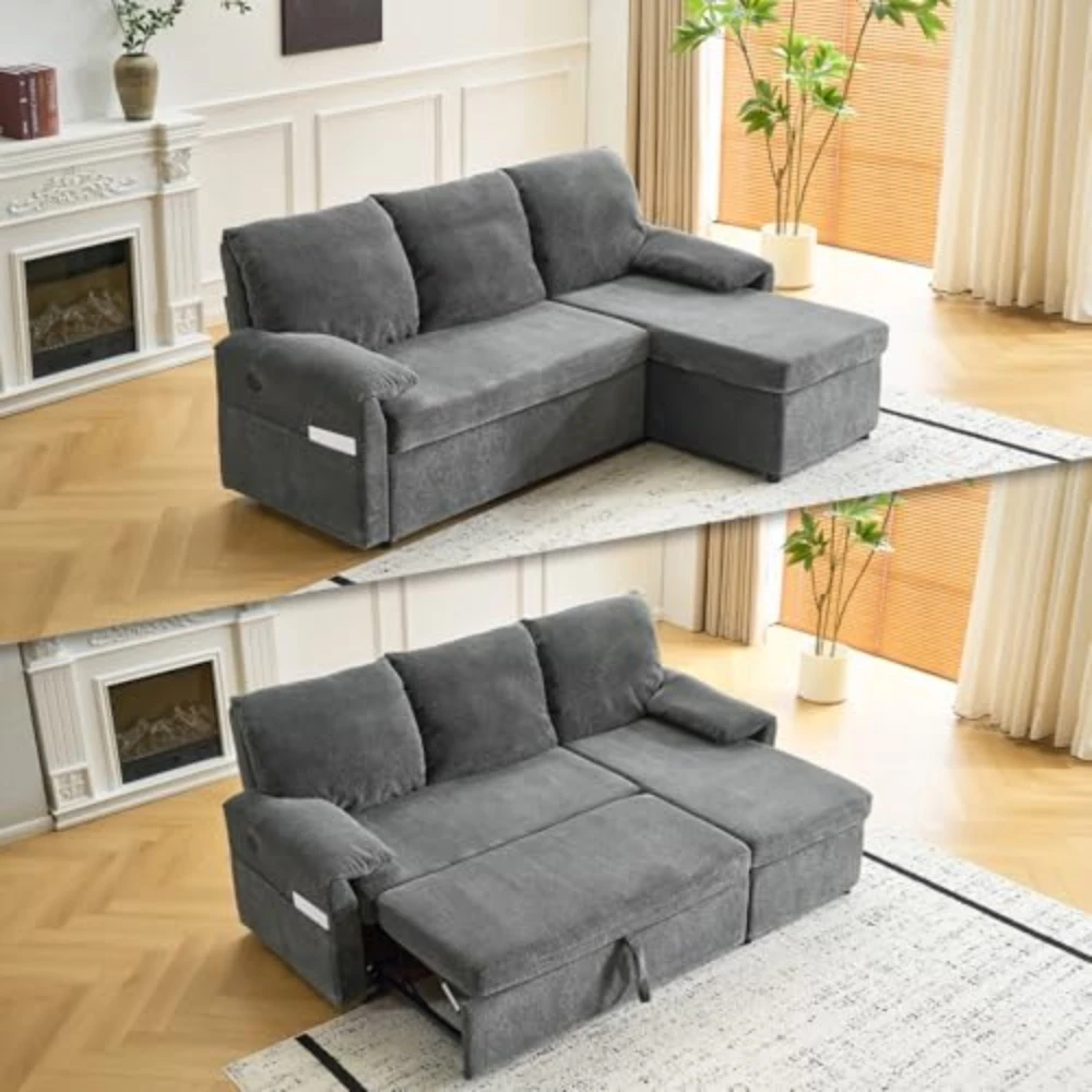 #￥Sleeper Sofa with Pull Out Couch Bed L-Shape Sectional Couch with Storage Chaise Convertible Sofa Bed Couches for Living Room