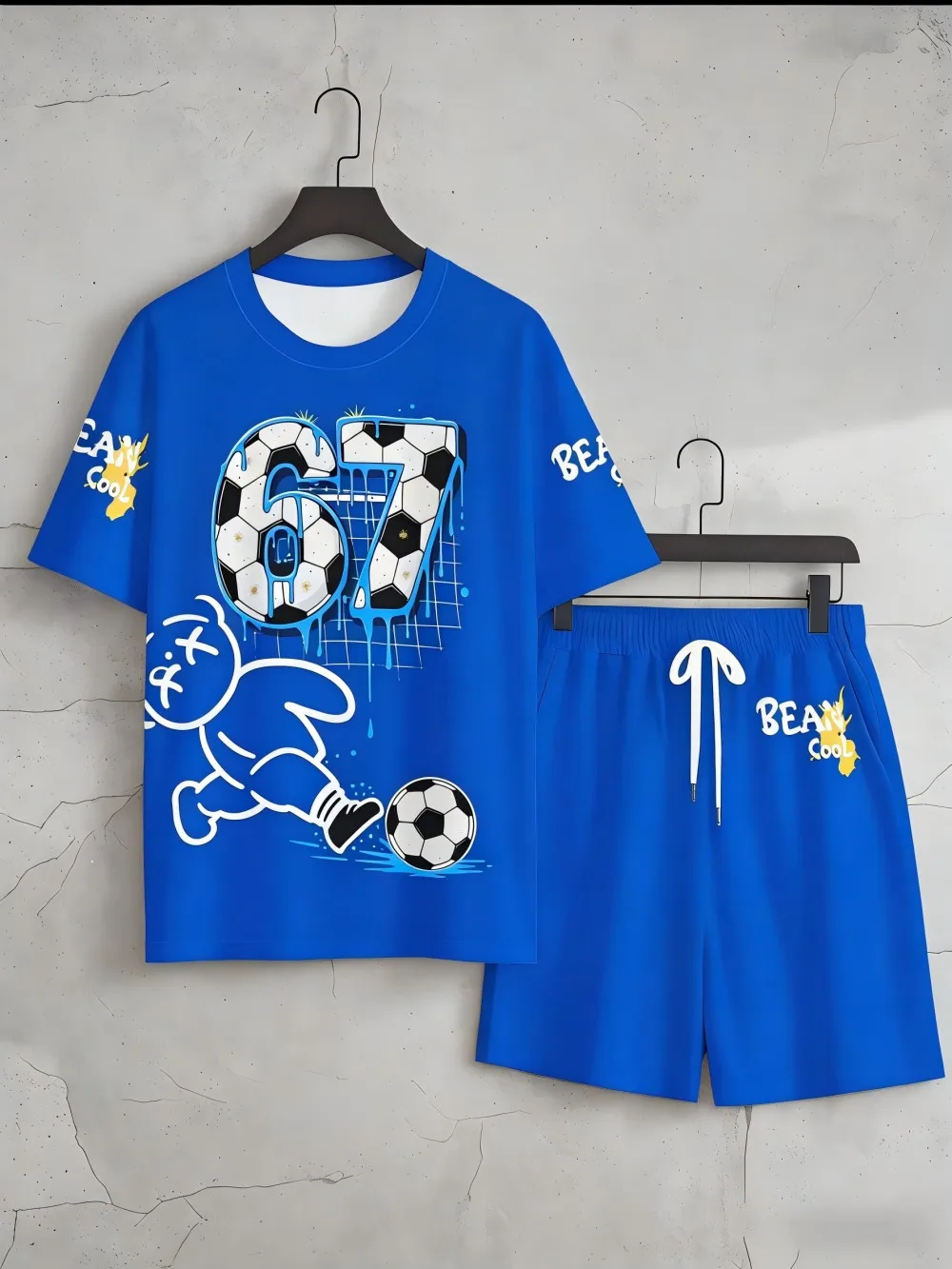 Men's summer teddy bear letter print comfortable breathable round neck T-shirt drawstring shorts set outdoor casual wear view 3
