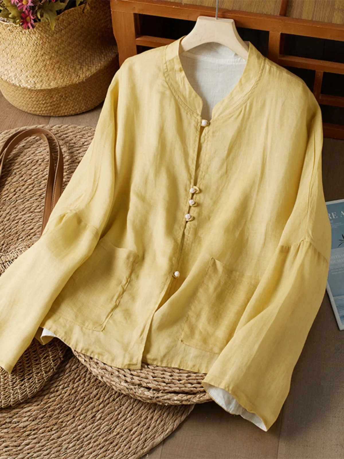 

New Chinese Sle Retro Buttoned Linen irt Women's Early Autumn Double-Sided Wear Hemp Linen Sunscreen Open Cardigan Top
