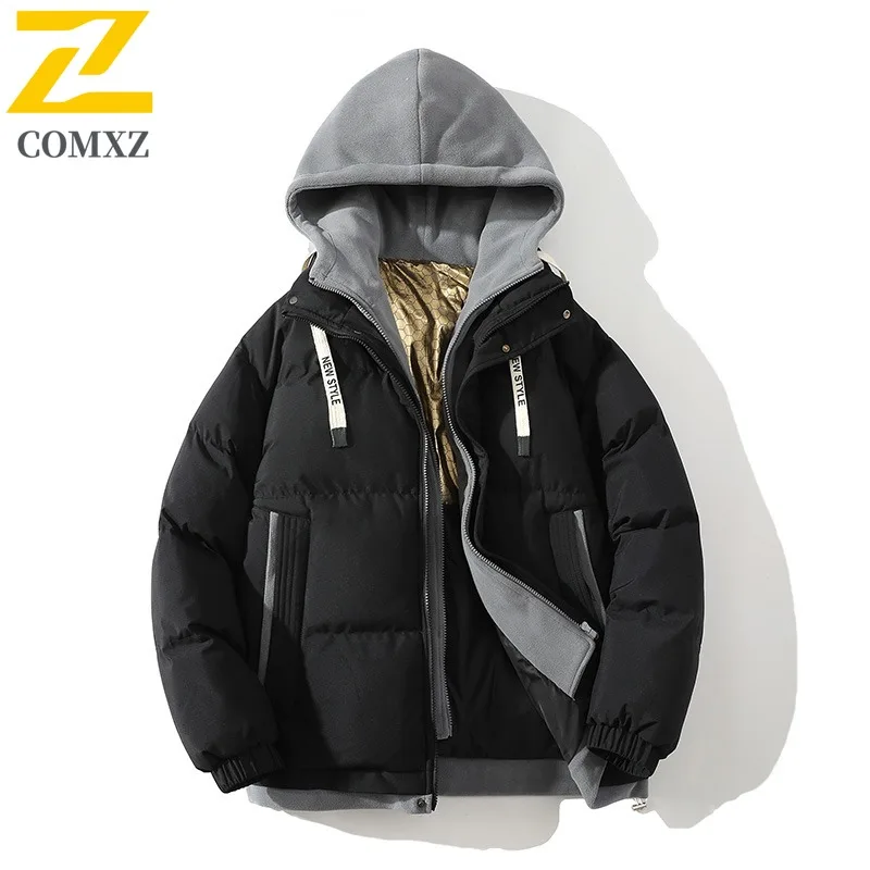 เสื้อแจ็คเก็ตบุผ้าฝ้ายแฟชั่นผู้ชายปี 2025 แบบสองชิ้นหลอกๆ สไตล์ลำลองสำหรับคู่รัก ใส่เที่ยวกลางแจ้ง อุ่นสบาย สไตล์ฮาราจูกุ เสื้อผ้าผู้ชาย