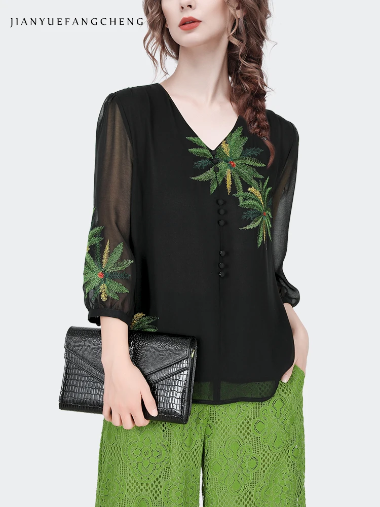 Fashion Embroidered Black Chiffon Blouse Women Loose Plus Size Summer Tops V-Neck See Through Lightweight Tulle Shirts