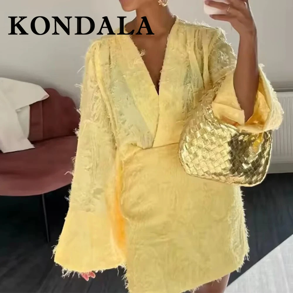 

KONDALA шикарный желтый элегантный модный осенний женский костюм с вышивкой 2025 года, рубашка с v-образным вырезом и расклешенными рукавами + мини-юбка-футляр, вечерние Mujer комплект