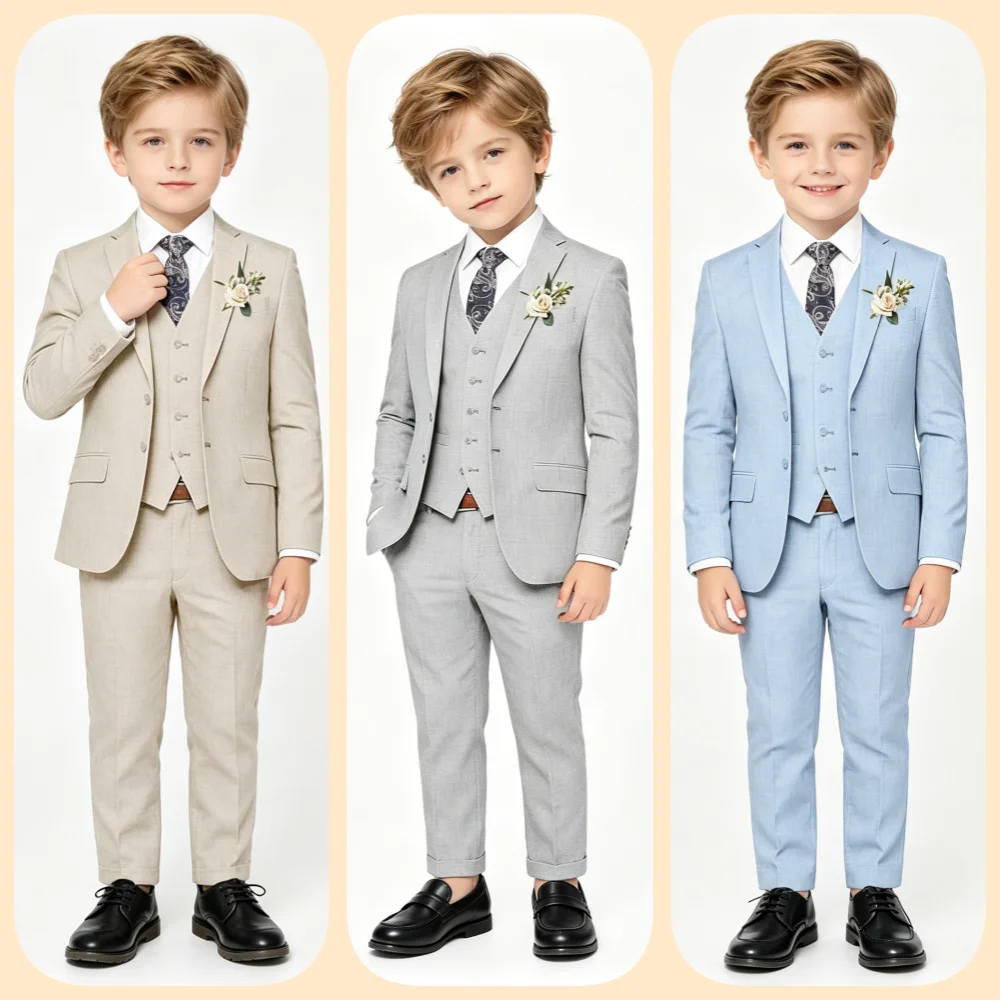 Handsome Linen Boys Suit 4-Piece Set with Floral Bow Tie 2026 Classic Formal Blazer Vest Pants for Ring Bearer Wedding Party