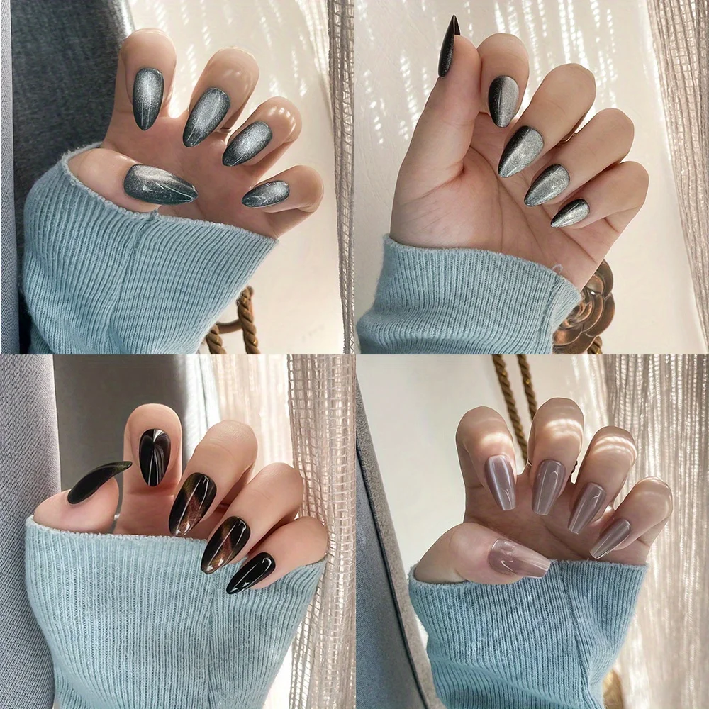 Juego de 96 uñas a presión Glam Cat Eye, punta francesa, reutilizable, fácil de aplicar para ocasiones especiales diarias, perfecto para mujeres y niñas