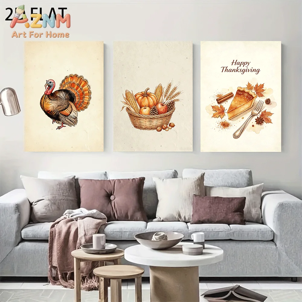 AZNM Frameless Canvas Wall Art, Thanksgiving Watercolor Print, Turkey Harvest Basket Pumpkin Pie Maple Leaf Art Poster for Fall