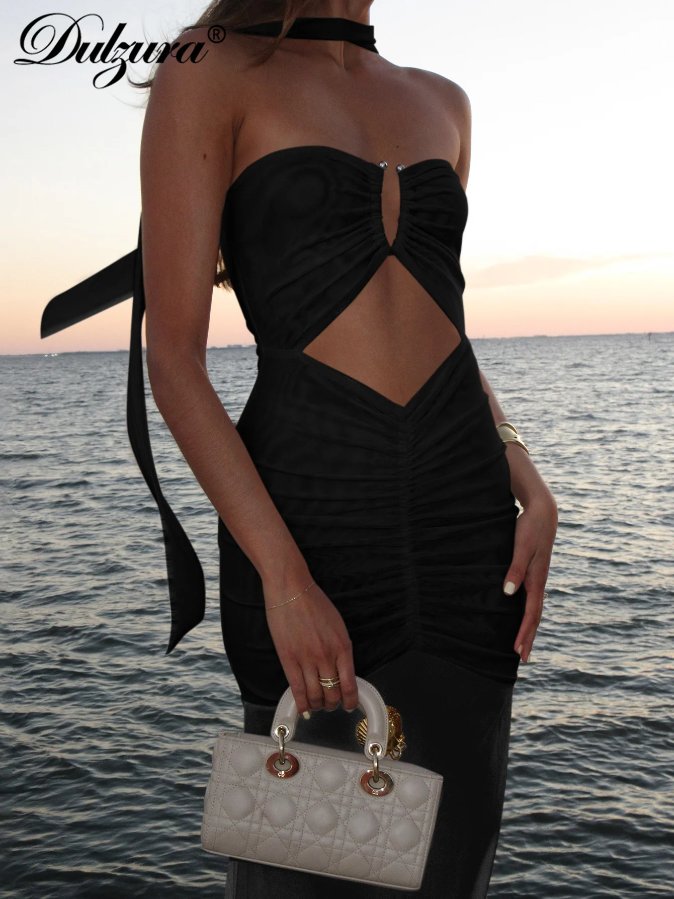 Dulzura Chest Wrapping Backless Slim Ruched Hollow Out Sheer Mesh Ribbon Long Dress Solid Sexy Elegant Dress Party Club Clothes