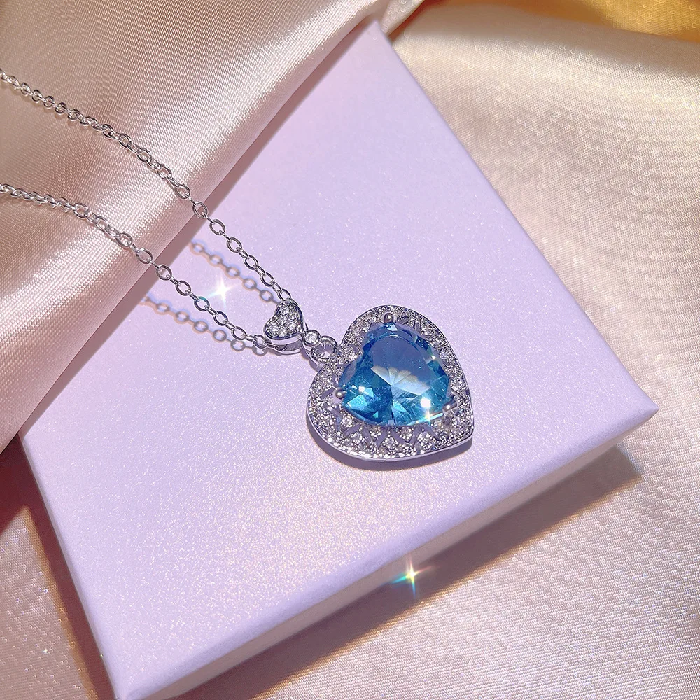 Hot Aquamarine Topaz Colored Gemstone Open Ring Women 925 Stamp Temperament Heart-shaped Pendant Necklace Set Party Wedding Gift