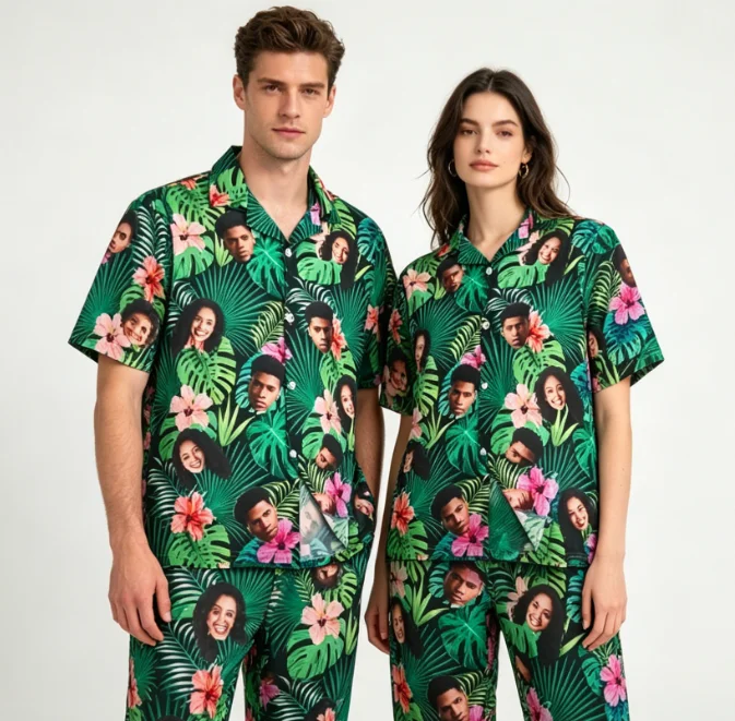 

Custom Face Tropical Hawaiian Couple Shirts Men Women Personalized Photo Print Short Sleeve Button Down Beach Shirt