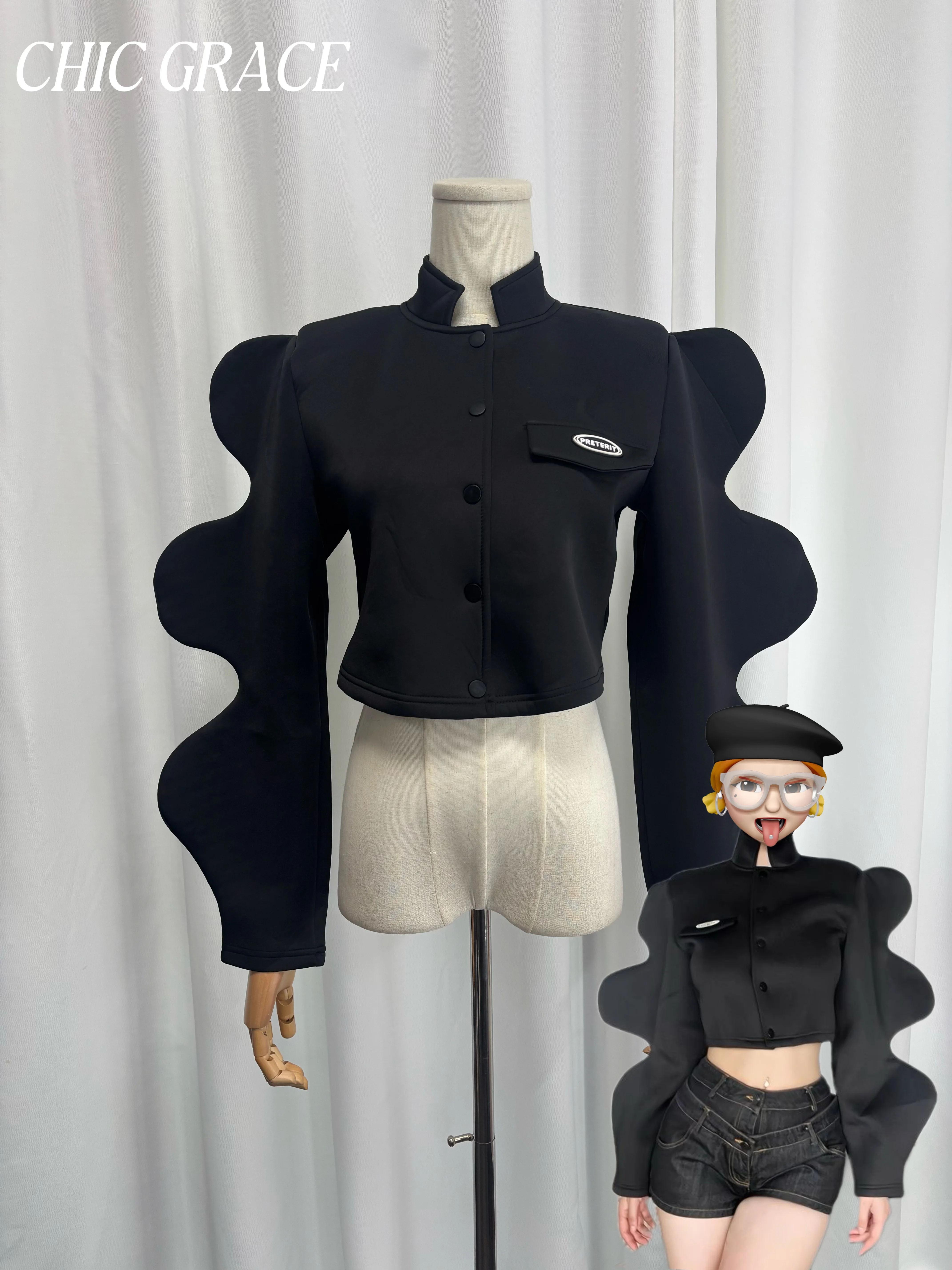 

Куртка-топ Real Shot Edgy Techwear черного цвета с 3D-рукавами в форме волны – воротник-стойка, застежка на пуговицах, укороченный приталенный крой для женщин, Str