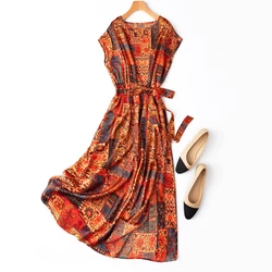 Women Silk Dress 92% Mulberry Silk 8% Spandex 20 momme Jacquard Colorful Elegant O Neck Belted Luxury Midi Dress M1214