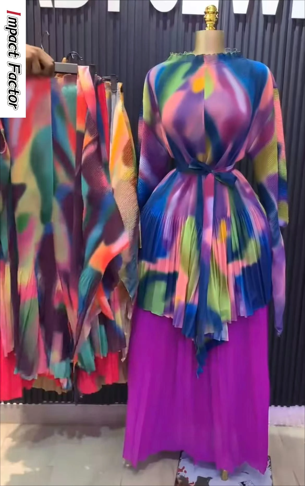 미야케 플리츠 2025 가을 신상 프린트 불규칙 세트 스트랩 루즈핏 여성 스커트 투피스 세트