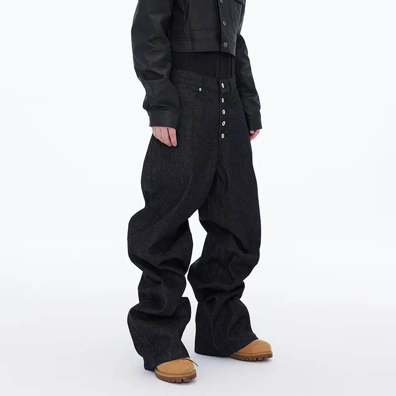 High Street Retro Buckle Design For Men'S Jeans Street Ruff And Handsome Loose Casual Wide Leg Pants Black Jeans
