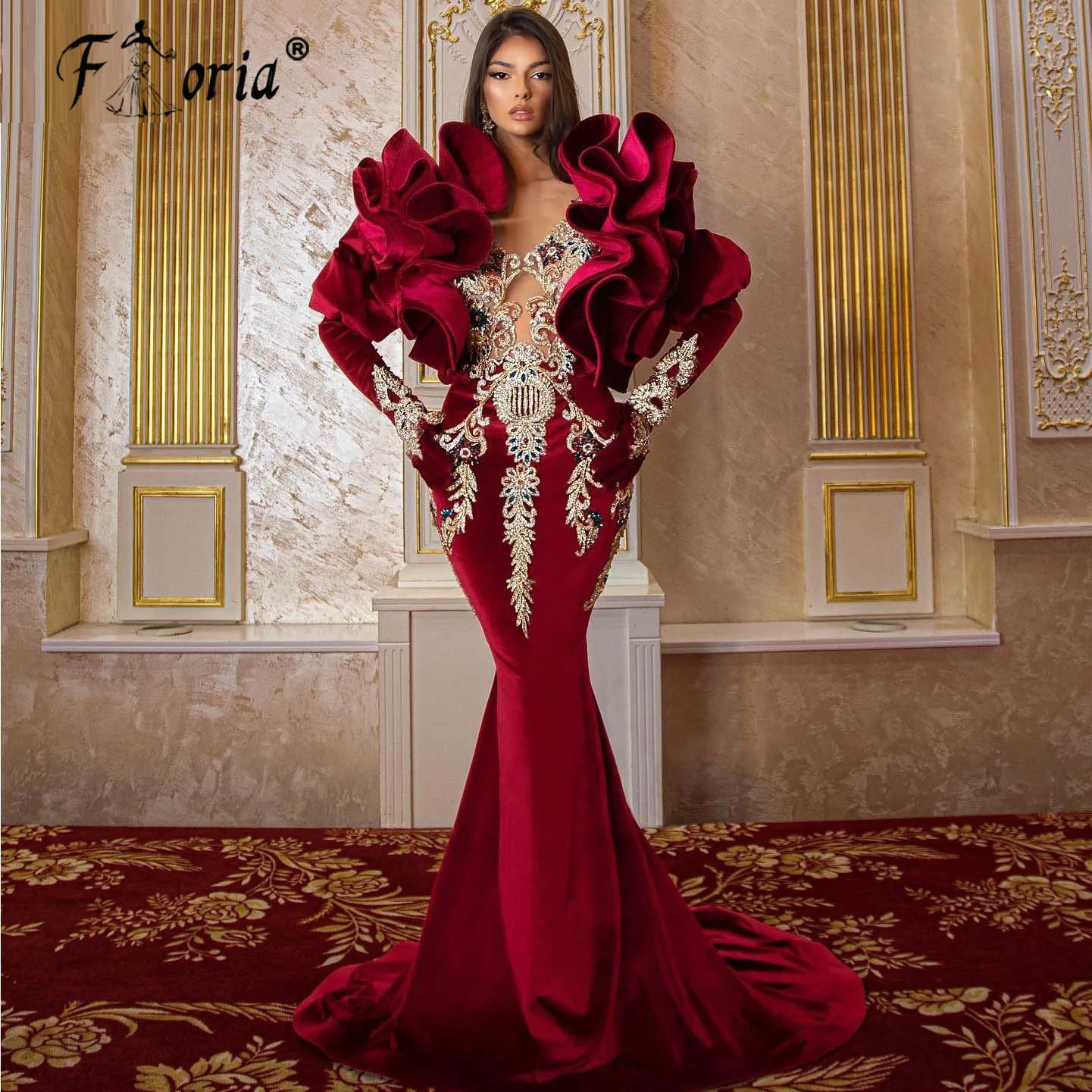 Luxury Crystal Beads Mermaid Evening Dresses Red Long Sleeves Ruffled DubaiMiddle East Woman Party Prom Gown Vestidos De Noiva