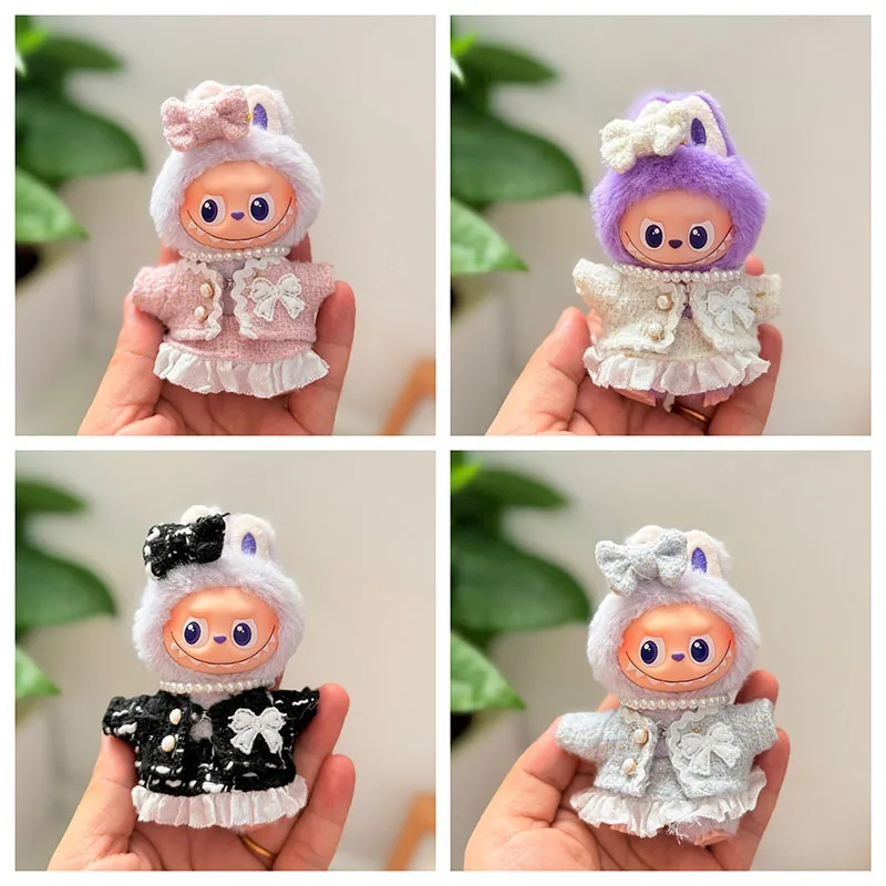 4-го поколения Mini Labubu Heart Code Series Твидовое элегантное ожерелье с жемчугом Женский стиль Наряд в розовом, белом, синем, черном для куклы 10 см