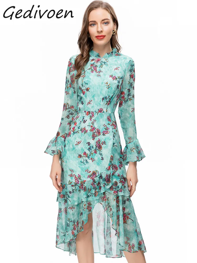 

Gedivoen Summer Fashion Runway Elegant Floral Print Dress Women Flare Sleeve Button Ruffles Package Buttock Slit Slim Long Dress