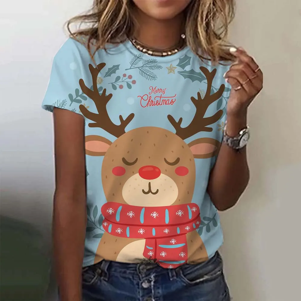 Christmas Women's T-Shirt Cute Elk Snowman 3D Printed Oversized T-Shirt New Fashion Santa Claus Women Clothing Female Tops Tees