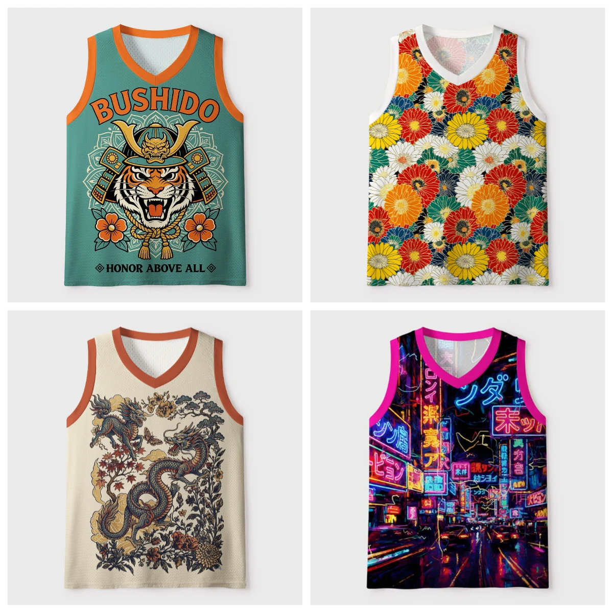2026New V-neck Mesh Basketball Sports Vest Japanese Ukiyo-e Animal Print Sleeveless Loose Street Style Breathable Sports T-shirt