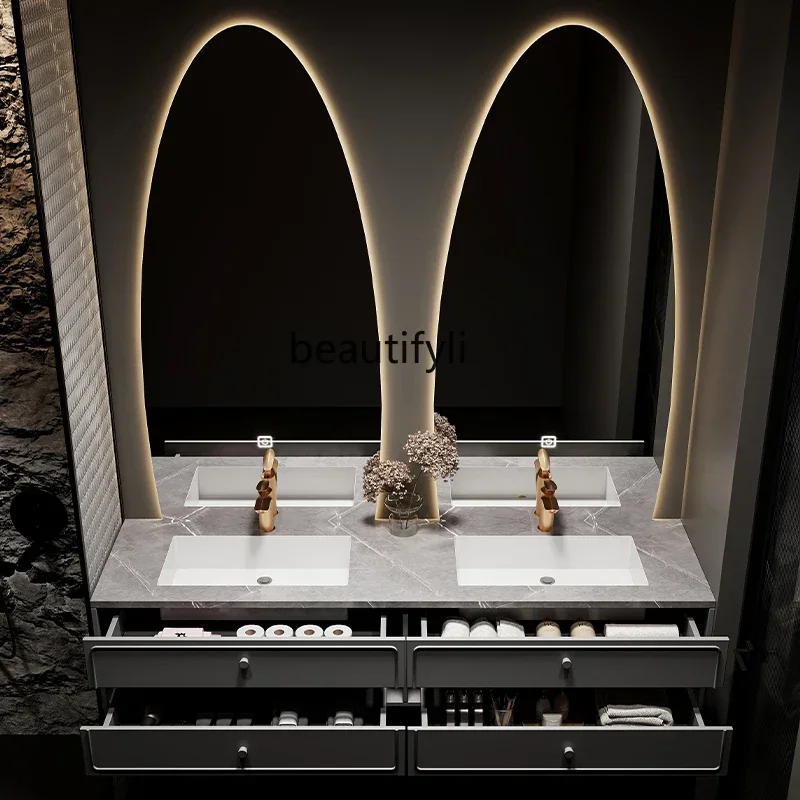 YHH Affordable Luxury Style Oak Bathroom Cabinet Combination Double Basin Stone Plate Bathroom Table Washbasin Cabinet