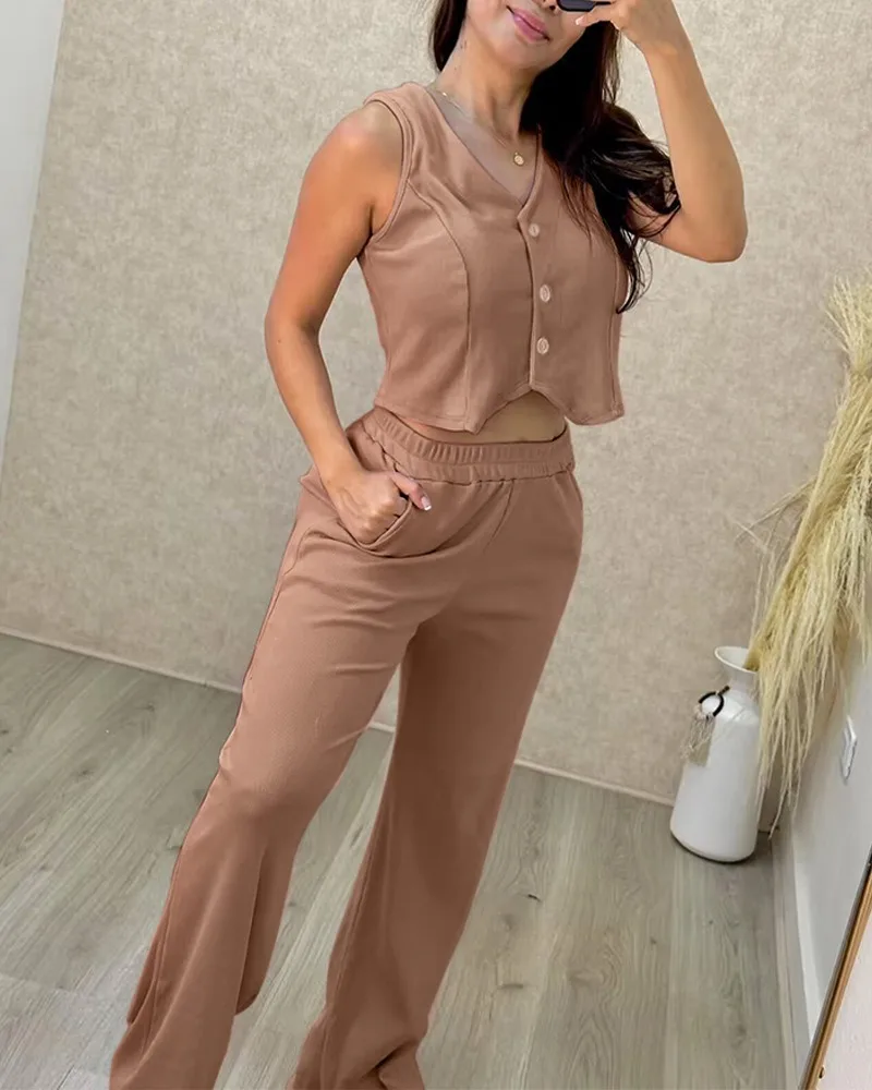 

Summer Women 2 Piece Outfits Elegant V-Neck Sleeveless Button Down Crop Vest Top and Pockets Pants Office Sets