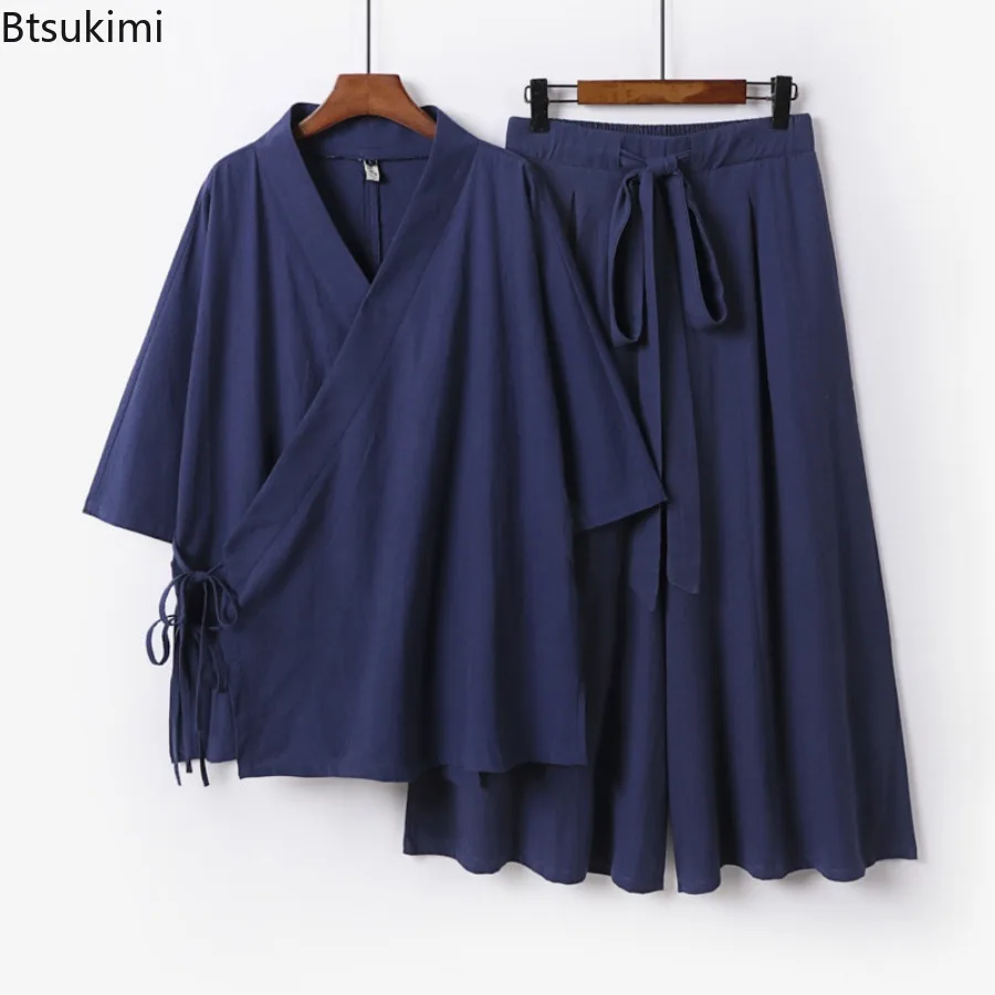 2025 Chinese Style Men's Linen Suit Tang Style Zen Style Hanfu Taoist Long Robe Top Pants Cotton and Linen Loose Two-piece Set
