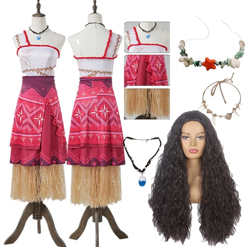 Moana Cosplay Costume Cartoon Princess Fantasia Women Vest Skirt Necklace Wig Outfits Halloween Carnival Party Disguise Suit