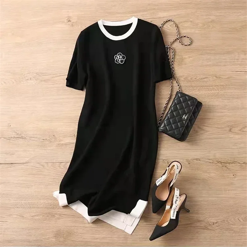 Camellia Flower Knitted Dress Summer Women Loose Round Collar Split T-shirt Dresses Casual Short Sleeve Mini Dress Elegant N709