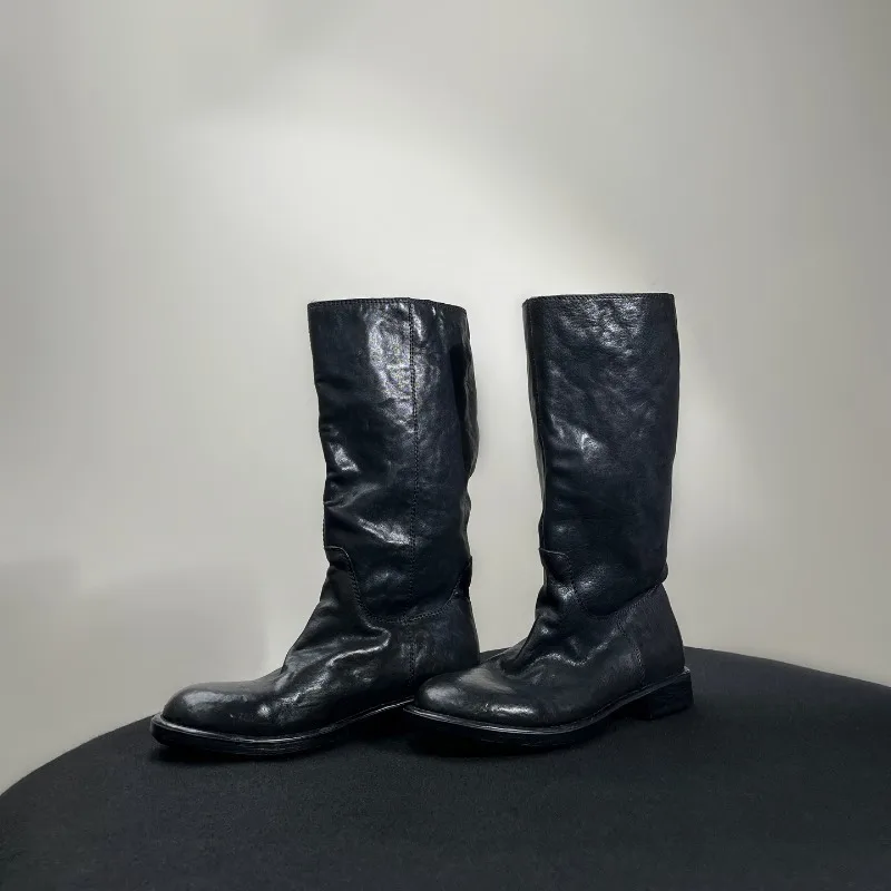 

Fashion Horsehide Knee High Boots Women Straight Mid-Calf Knight Long Boots Female Shoes Casual Outdoor Handmade