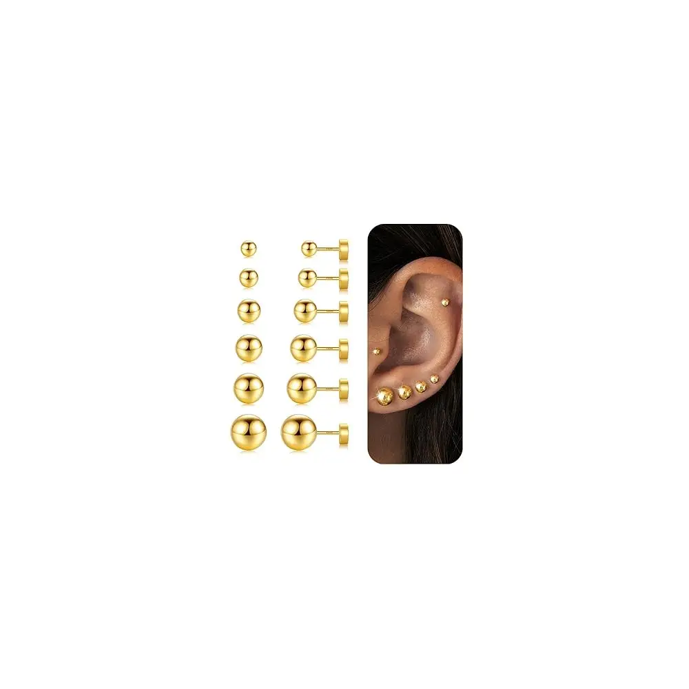 

6 Pairs Hypoallergenic Silver Flat Back Earrings for Women,Stud Cartilage Earrings for Sensitive Ears Cubic Zirconia Ball Ear