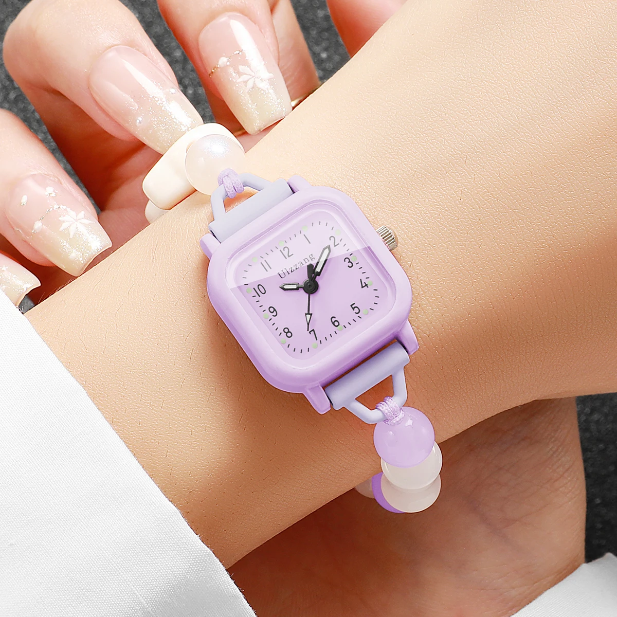 Fashion Square Arabic Dial Women Watches Cartoon Cat Charm Beaded Bracelet Quartz Wristwatches Relogio Feminino (Without Box)