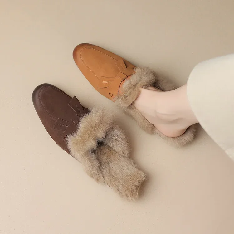 2023Autumn Winter New Fur Shoes Women's Sheepskin Outer Wear Lazy Half Slippers French Bow Muller Shoes Large Warm Women's Shoes