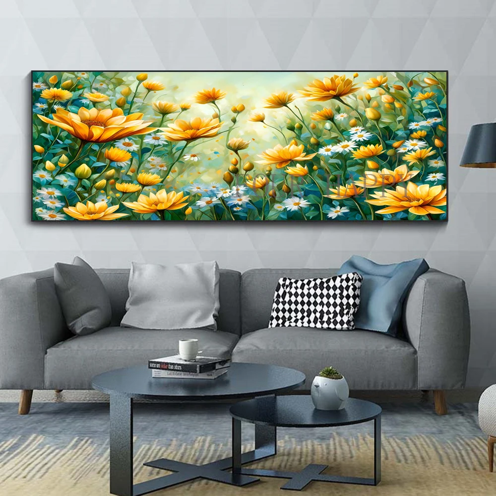 Pittura diamante 5D con fiori gialli, arte murale paesaggistica, trapano rotondo completo, ricamo, decorazione domestica, fai da te