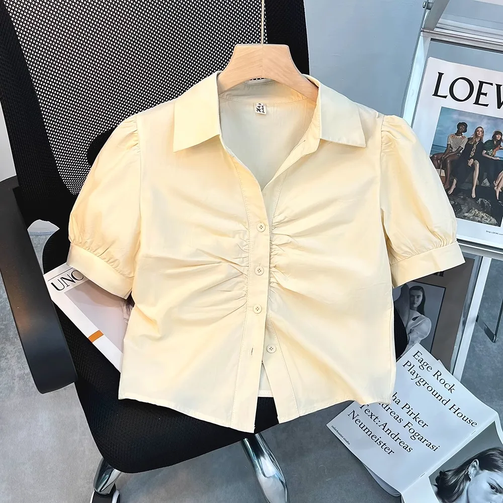 Damska bluzka typu bubble, letnia, nowa, młodzieżowy design, wersja koreańska, dopasowany krój, włókno poliestrowe.