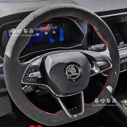 Hand Stitched non-slip Genuine Leather Suede Car Steering Wheel Cover For Skoda Octavia PRO KAROQ 2021-2023 auto parts