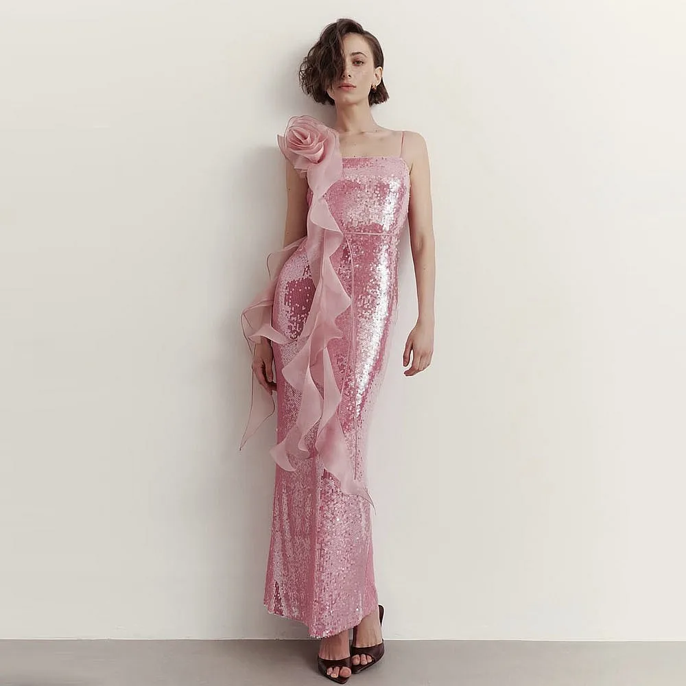 

Pink Sequined Holiday Dresses Spaghetti Straps Slim Fit Maxi Mermaid Party Gowns for Women Large Size Gowns