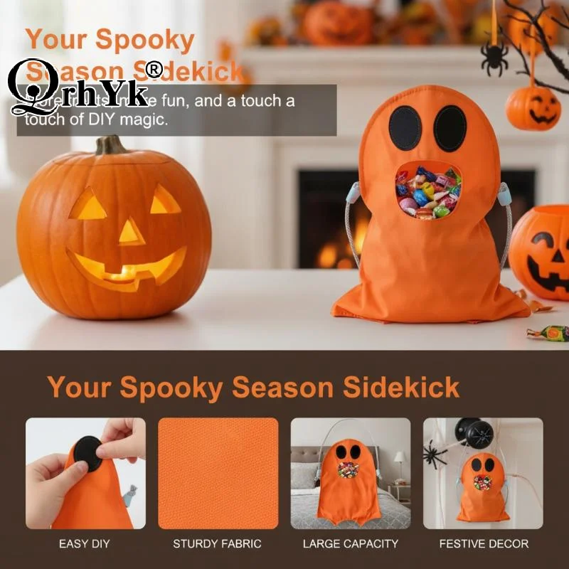 Halloween Ghost Drawstring Candy Bag Cloth Treat Storage Pouch Portable Handheld Gift Bag For Kids Trick Or Treat Party Decor