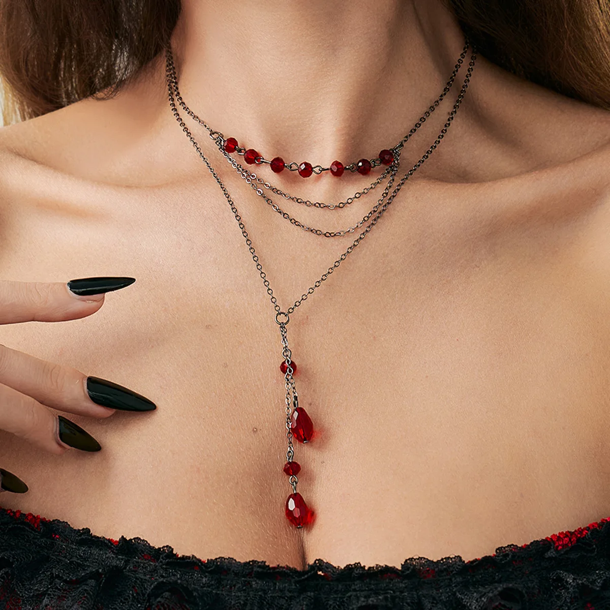 Gothic dark wind imitation crystal dripping blood pendant necklace choker personalized fringed chain collarbone chain