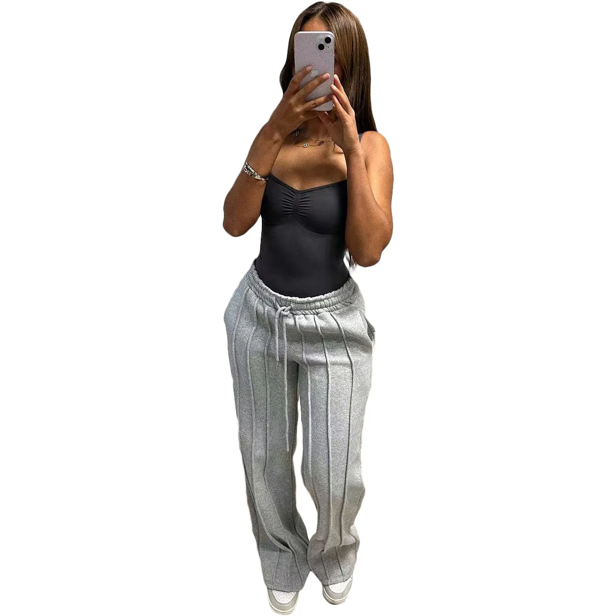 D8666 Spring and Summer New Women's Fashion Hoodie, Casual Solid Color, Multi-Pressed Pleats, Long Loose Pants