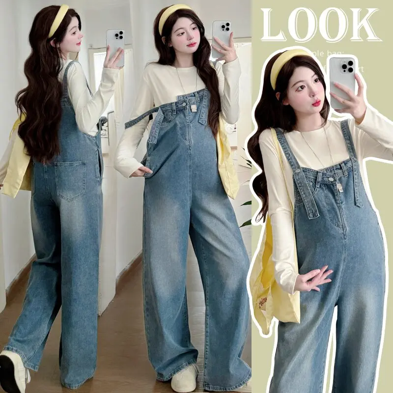 

2025 Autumn Korean Fashion Maternity Denim Overalls Loose Straight Jumpsuits Jeans for Pregnant Women Pregnancy Bib Pants