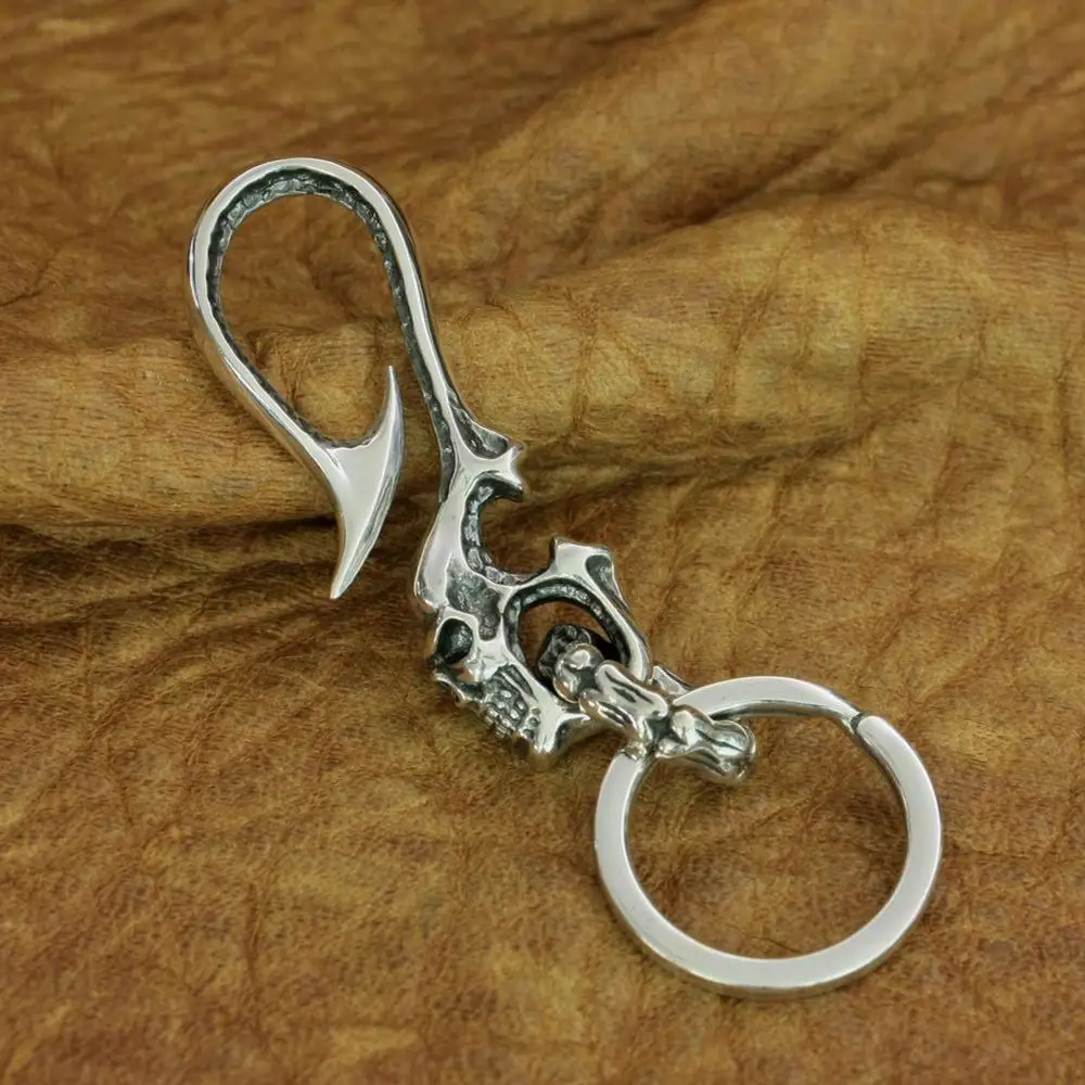 Fish Hook Skull KeyRing 925 Sterling Silver Biker Keychain Belt Clip DIY Accessory TA206