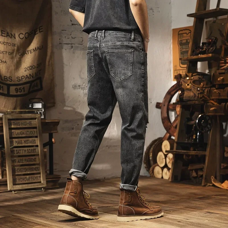 Pantalones vaqueros rasgados elásticos para hombre, Jeans elásticos ajustados hasta el tobillo, talla grande 46, 44, 42, 40